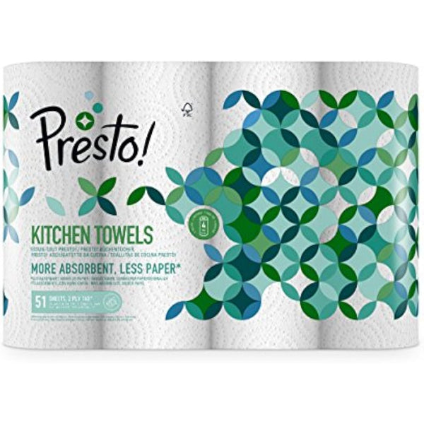Amazon Brand - Presto! TAD Kitchen Roll, Extra Absorbent, 1632 sheets, 32 Count (8 Packs of 4), 51 Sheets per Roll, Wring and Reuse, FSC Certified, White