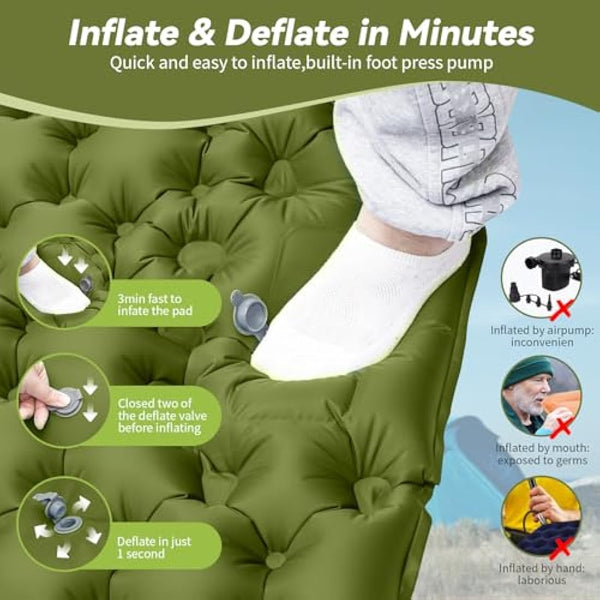 HiiPeak Camping Sleeping Pad, Ultralight Camping Mat with Pillow Built-in Foot Pump Inflatable Sleeping Pads Compact for Backpacking Hiking Traveling Tent (Double Green)