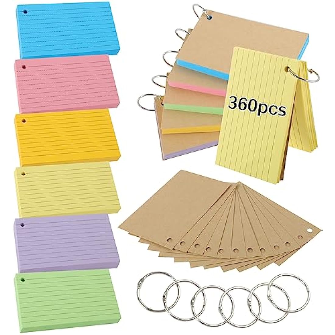 Flash Cards, 360 PCS Ruled Index Cards Revision Cards with Binder Ring Kraft Paper Notecards Lined Index Cards for Office School Home Study Record 4.9*2.9 Inch