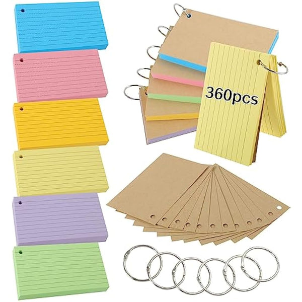 Flash Cards, 360 PCS Ruled Index Cards Revision Cards with Binder Ring Kraft Paper Notecards Lined Index Cards for Office School Home Study Record 4.9*2.9 Inch