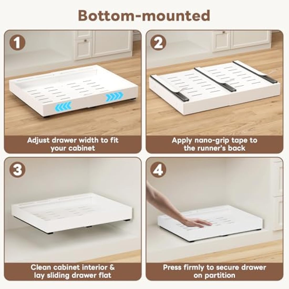 Ihomife 2 Pack Extendable Pull Out Kitchen Drawer - Upgraded Dual Mounting (Screws for Shelfless Cabinets/Nano Tape for Shelved) | Upgraded Heavy-Duty Rails, Space Saving Cabinet Organiser (white)