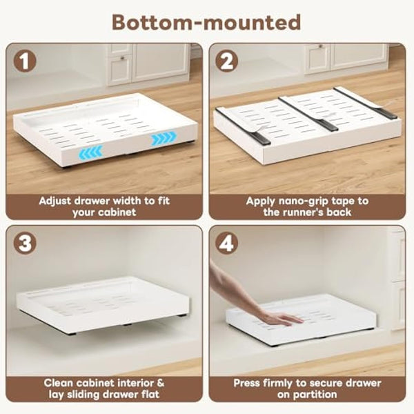 Ihomife 2 Pack Extendable Pull Out Kitchen Drawer - Upgraded Dual Mounting (Screws for Shelfless Cabinets/Nano Tape for Shelved) | Upgraded Heavy-Duty Rails, Space Saving Cabinet Organiser (white)