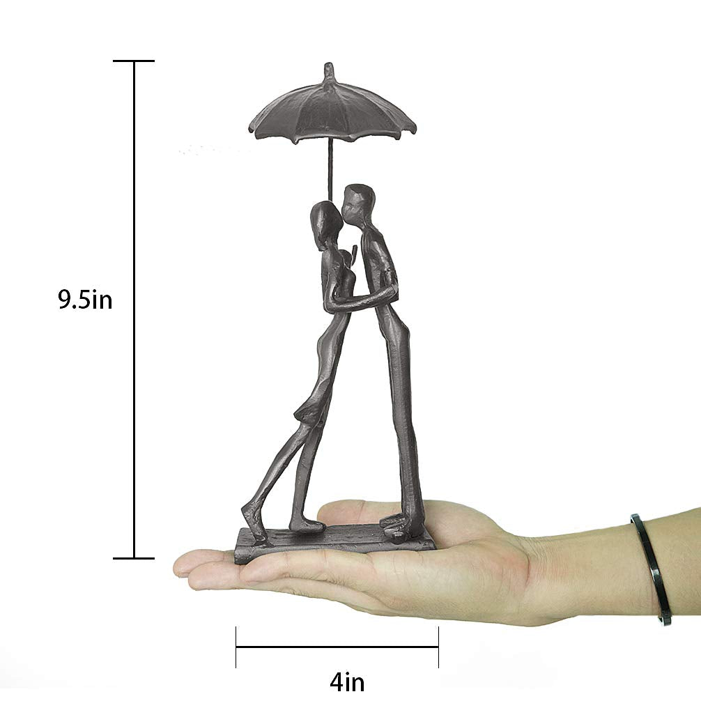 Aoneky Affectionate Couple Art Iron Sculpture, Passionate Love Statue Romantic Metal Ornament Figurine Home & Office Decoration (Hold Umbrella Kiss)