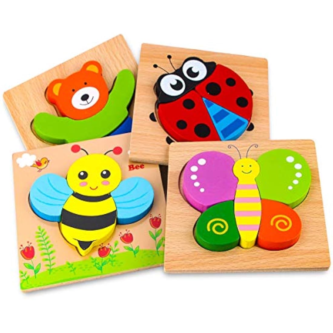 Afufu Wooden Jigsaw Puzzles for Toddlers 1 2 3 Years Old, Boys &Girls Educational Montessori Learning Toys Gift with 4 Animals Patterns, Bright Vibrant Color Shapes of Animal