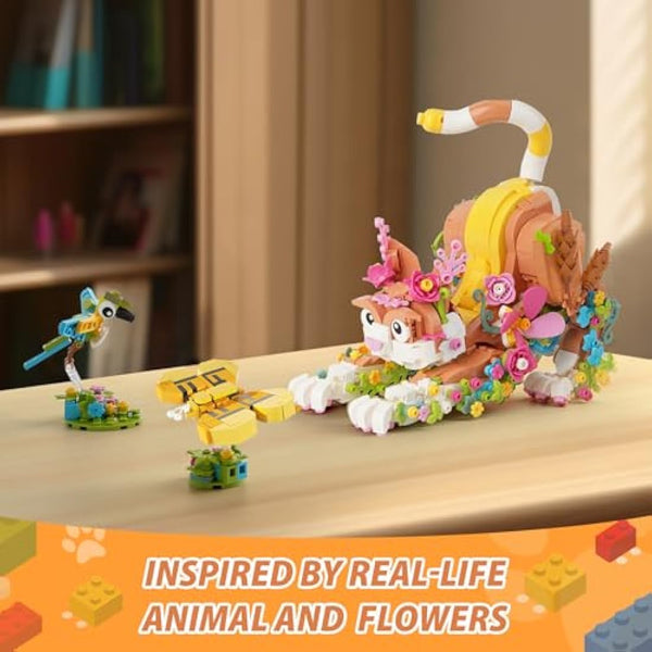 IKUPER Cat Building Set with Flowers, Animal Kit for Kids Aged 10+, Boys & Girls Botanical Toy, for Christmas, Birthdays, Valentine and Easter (1038 Pieces)