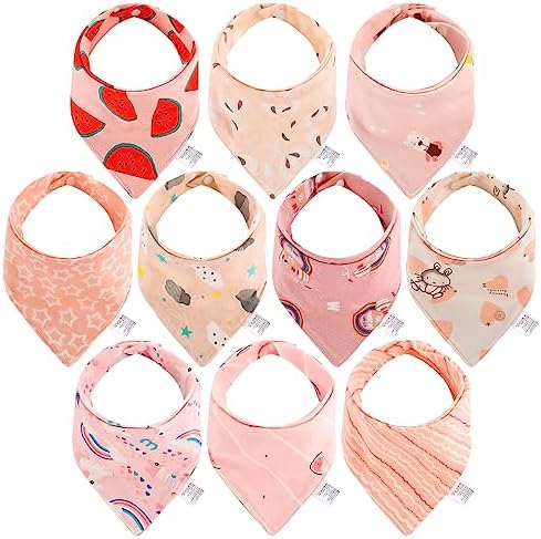 Baby Bandana Dribble Bibs, 10-Pack Cotton Baby Feeding Bibs Super Absorbent Drool Bibs with Adjustable Snaps for 0-36 Months Newborn and Toddlers