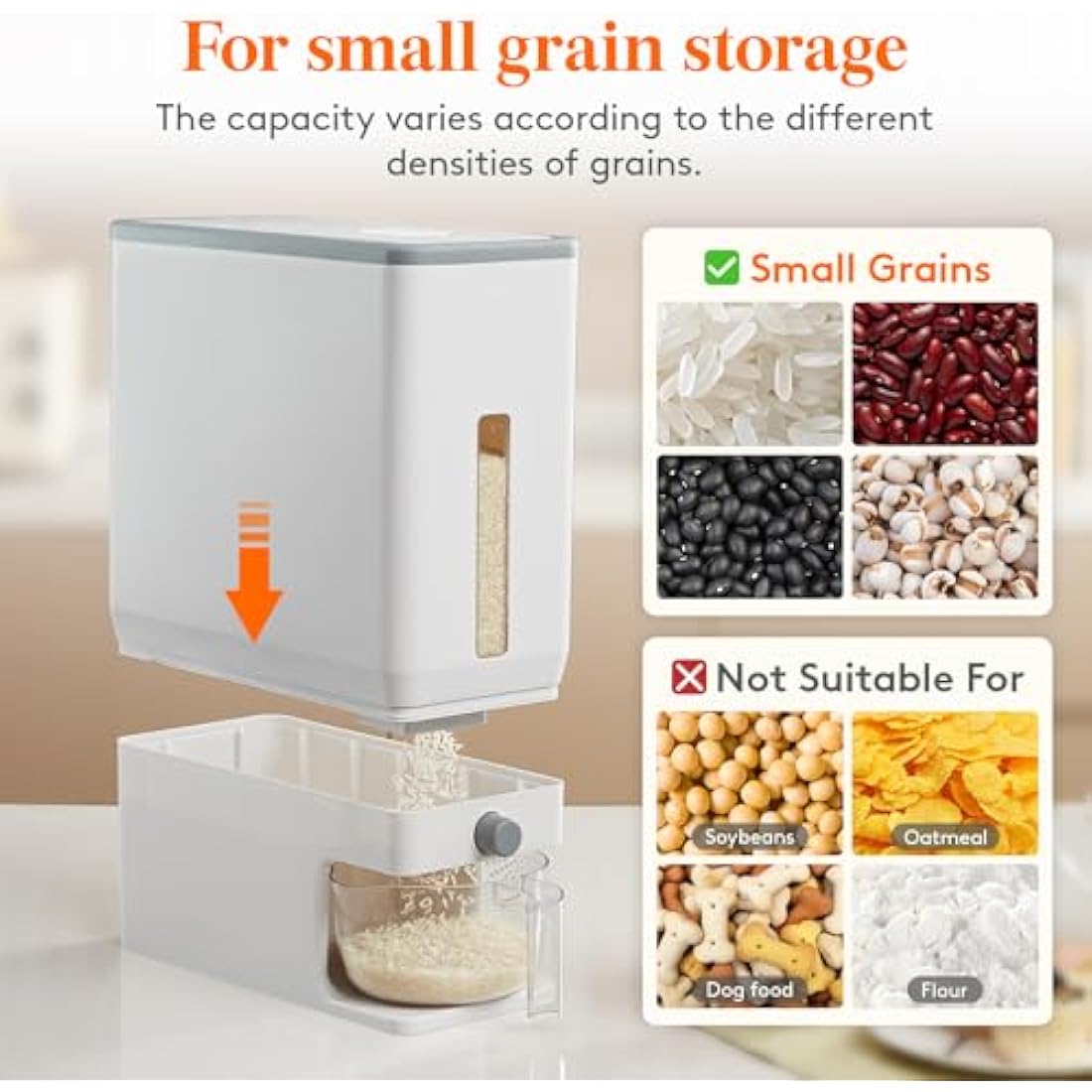 Lifewit Rice Container 25.4 Lbs, Rice Dispenser with Measuring Cup, Cereal Containers Storage, Sealed Moisture Proof Rice Bucket, Dry Food Grain Flour Soybean for Kitchen Pantry Household, White