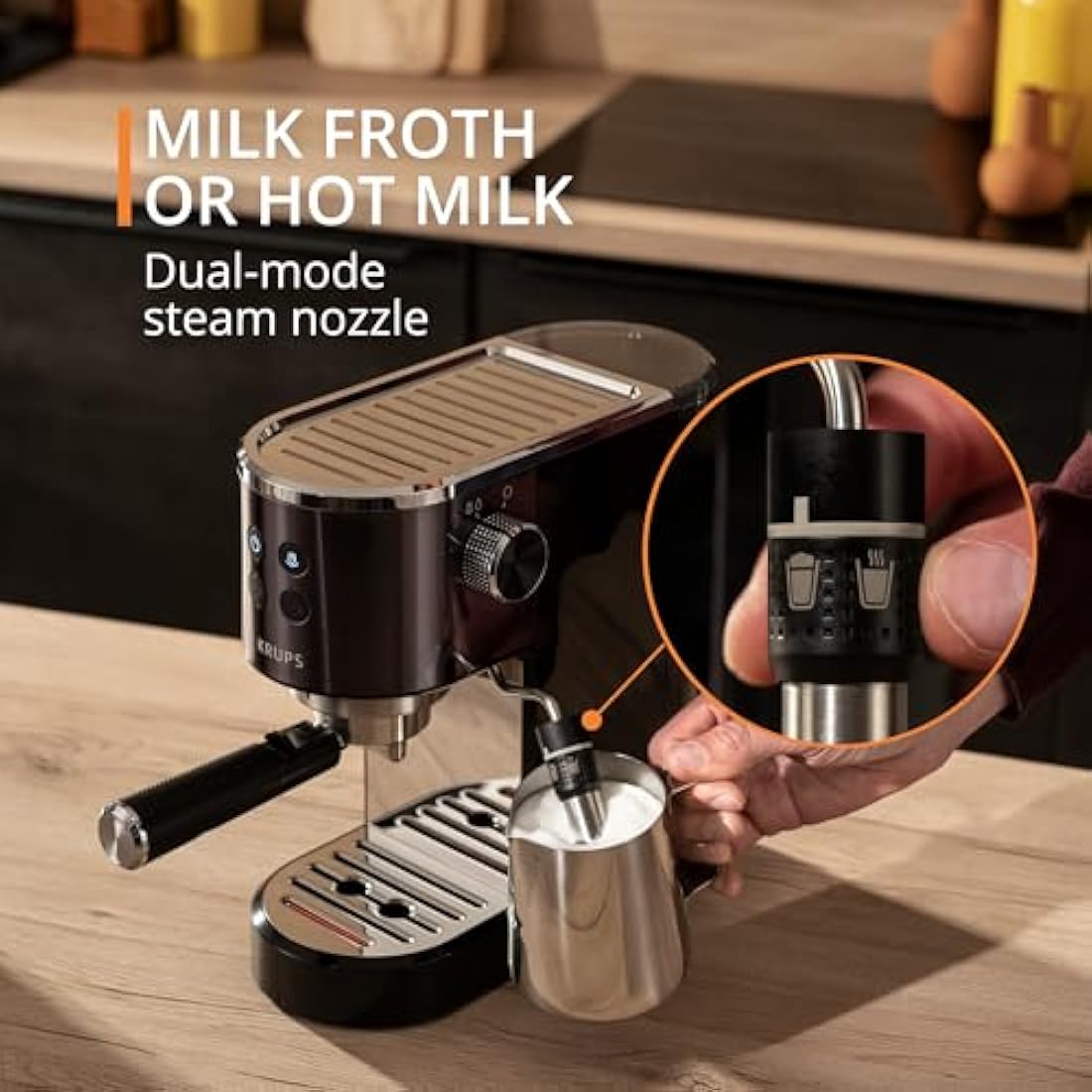 Krups Virtuoso + Pump Espresso Machine, Sleek Compact Design, Auto Flow-Stop, Espresso and Cappuccino Maker, Black Stainless Steel, XP444GG0