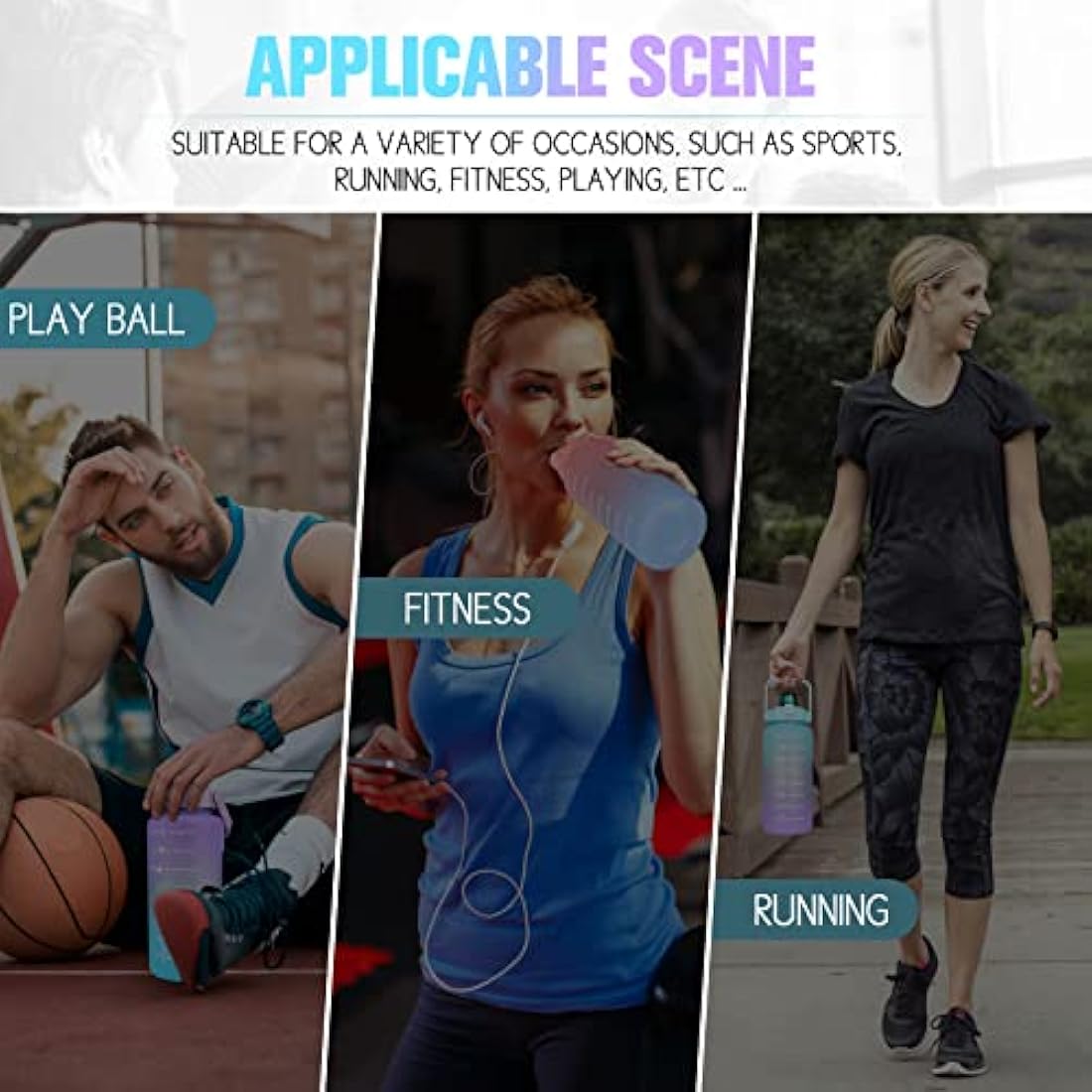 Water Bottle 2L BPA Free Sport Drinks Jug with Time Marking & Lock Cover, Leak Proof 2 Liters Water Bottle with Portable Handle, Purple Water Canteen Bottle