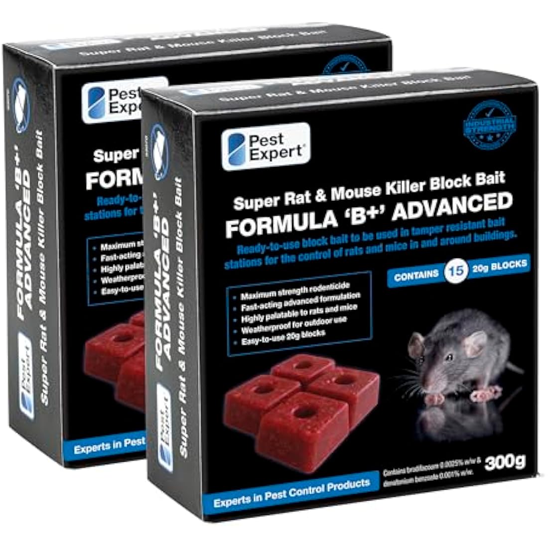 Pest Expert Formula 'B+' Advanced Rat & Mouse Killer Poison Bait Blocks Super Strength 600g (2 x 300g) - Premium Single Feed Brodifacoum, Strongest Available Online (1)