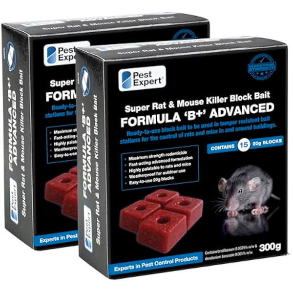 Pest Expert Formula 'B+' Advanced Rat & Mouse Killer Poison Bait Blocks Super Strength 600g (2 x 300g) - Premium Single Feed Brodifacoum, Strongest Available Online (1)