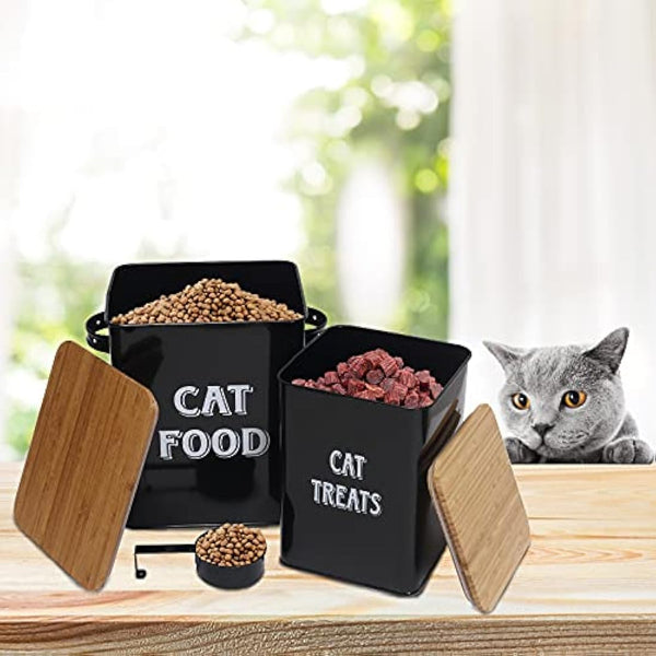 Pet Food and Treats Containers Set with Scoop for Cats or Dogs - Beige Powder-Coated Carbon Steel - Tight Fitting Wood Lids - Storage Canister Tins - Cat Food - Black