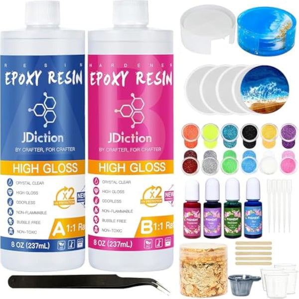 JDiction Epoxy Resin Coaster Kit - 16oz/ 474ml Crystal Clear Epoxy Resin Kit with Coaster Molds and Holder, Resin Pigment, Resin Glitter, Gold Flakes, Epoxy Resin Starter Kit for Jewelry DIY Coasters