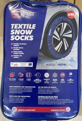 Sparco set of 2 textile snow chains for cars, easy to install, quiet and durable, approved, certified and reusable Sparco SnowShield, gloves included. (XXL)