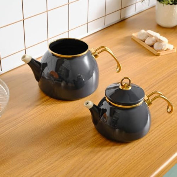 Karaca Retro Enamel Tank Anthracite, 1.1L Maker, 2.3L Kettle, Induction Safe, Modern Family Style, Ideal for Beverage Lovers