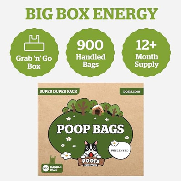 Pogi’s Dog Poo Bags with Handles – Extra Thick, Leak-Proof, Large, Unscented, 900-Count