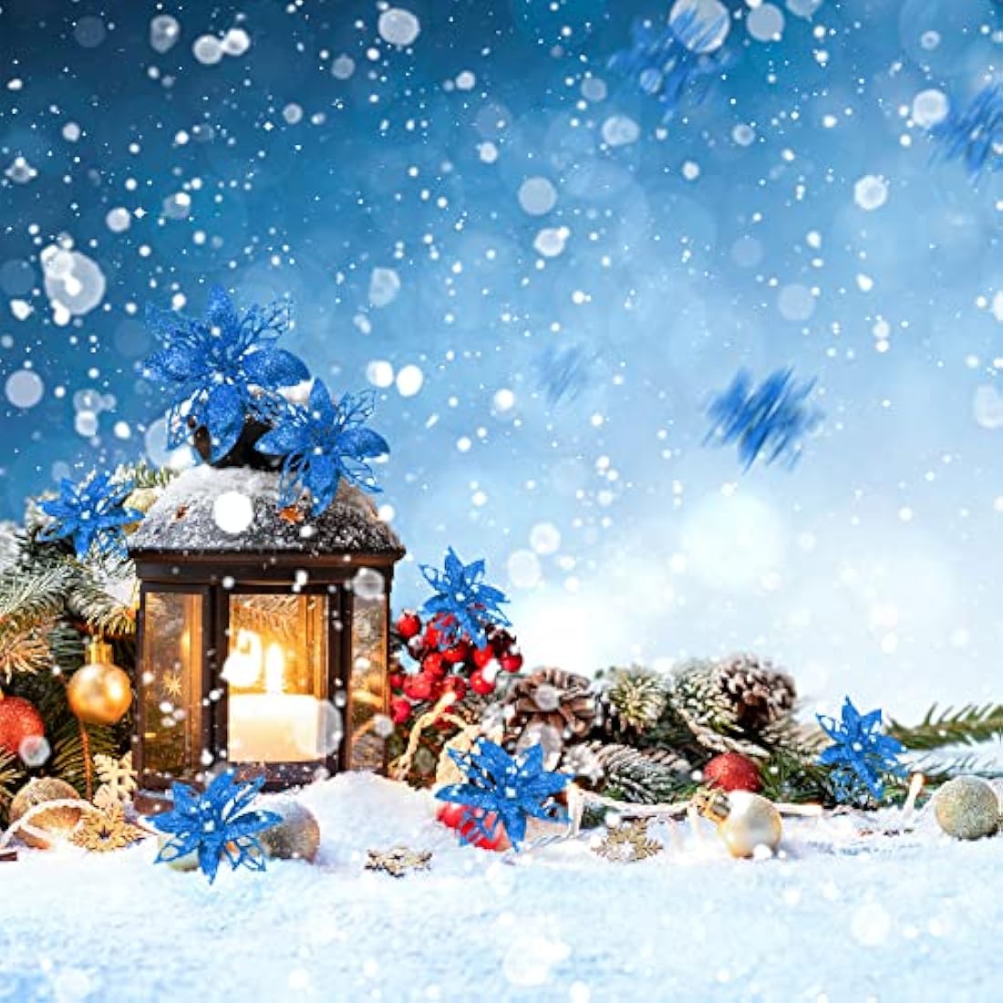 24 Pieces Christmas Glitter Artificial Poinsettia Flowers Christmas Flowers Decorations Wedding Xmas Tree New Year Ornaments (Blue)