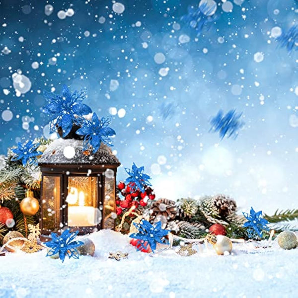 24 Pieces Christmas Glitter Artificial Poinsettia Flowers Christmas Flowers Decorations Wedding Xmas Tree New Year Ornaments (Blue)