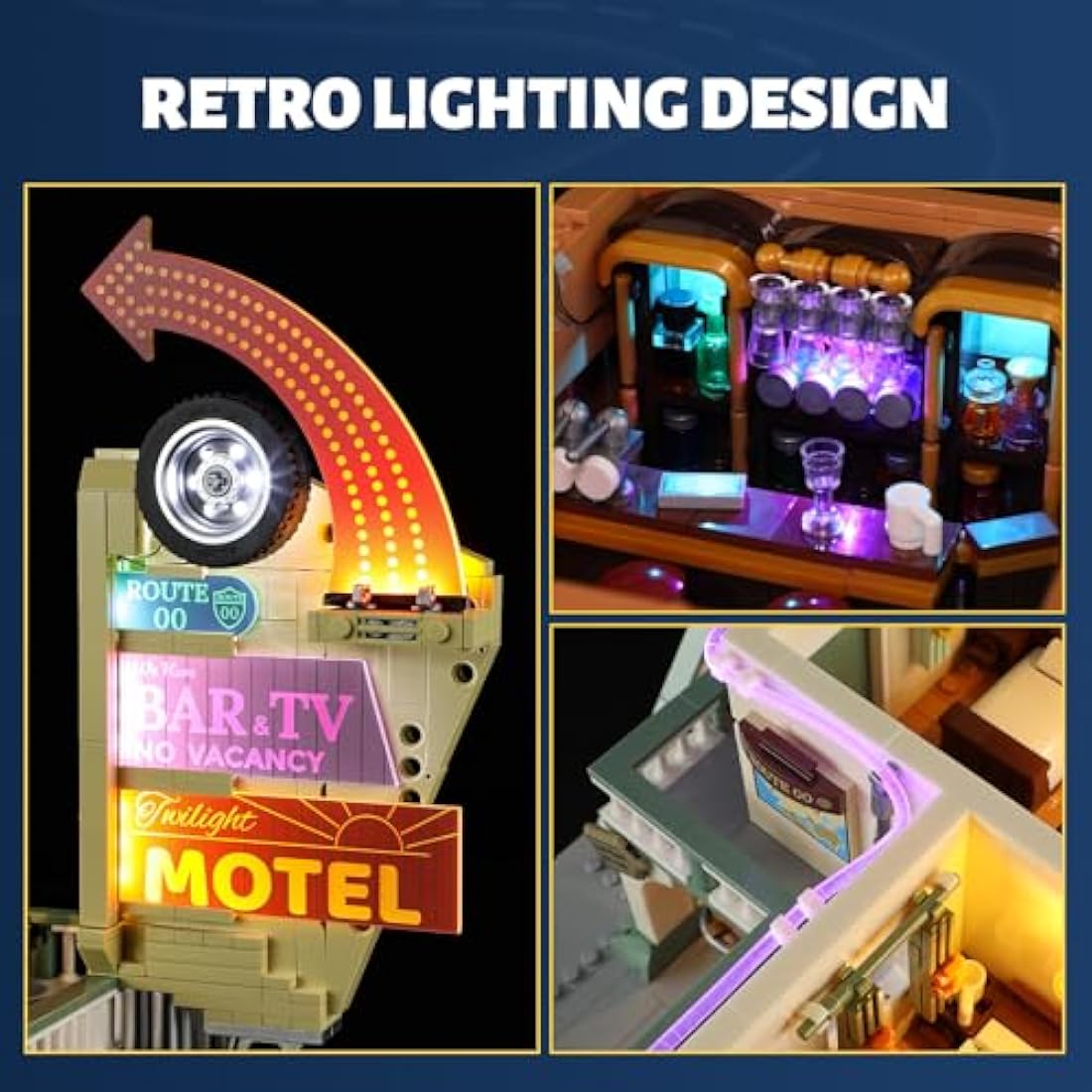 FUNWHOLE City Car-Hotel Lighting Building-Bricks Set - Road Trip Modular Twilight Motel Collection Light Car and Motorcycle Building Set 1970 Pcs for Adults and Teen