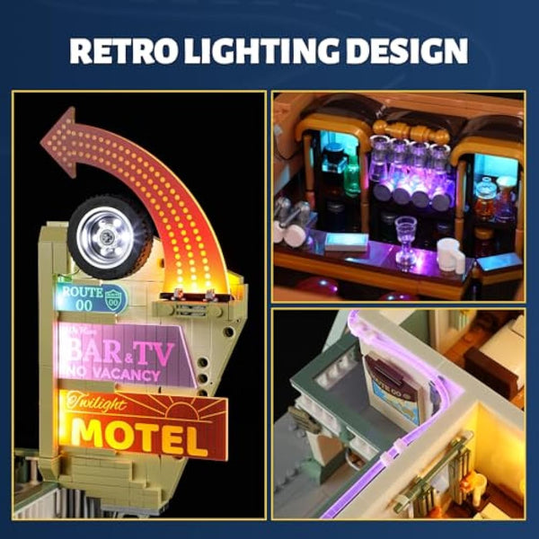 FUNWHOLE City Car-Hotel Lighting Building-Bricks Set - Road Trip Modular Twilight Motel Collection Light Car and Motorcycle Building Set 1970 Pcs for Adults and Teen