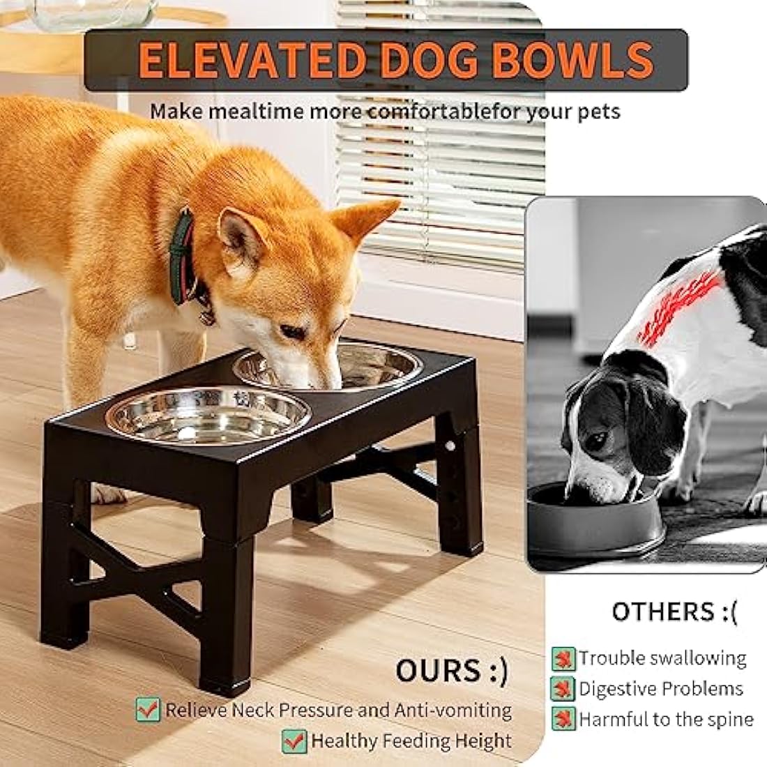 FOREYY Adjustable Elevated Dog Bowls with 2 Stainless Steel Bowls and 1 Float Bowl, Raised Dog Bowl 5 Heights, Non-Slip Dog Food water Bowl Stand for Small Medium Large Dogs(Gray)