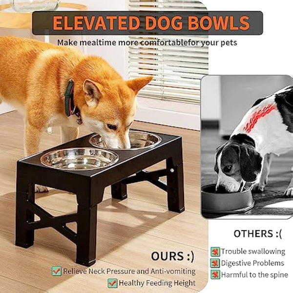 FOREYY Adjustable Elevated Dog Bowls with 2 Stainless Steel Bowls and 1 Float Bowl, Raised Dog Bowl 5 Heights, Non-Slip Dog Food water Bowl Stand for Small Medium Large Dogs(Gray)