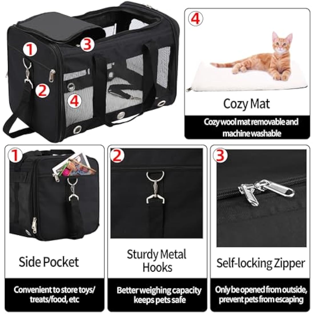 Dycietx Soft Sided Foldable Cat/Dog/Pet/Puppy Carrier Bag, Portable Pets Travel Carriers For Cats/Dogs With Shoulder Strap & Removable Mat, Durable Cat Basket of 17 lbs Airline Approved(Black, M)