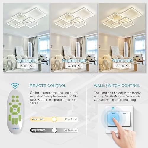 HIHIHOMY Modern LED Ceiling Light Dimmable with Remote Control 6-Ring Living Room Geometric Design 78 W 6630 LM, White for Bedroom, Kitchen, 3000-6500 K Lamp [Energy Class F]