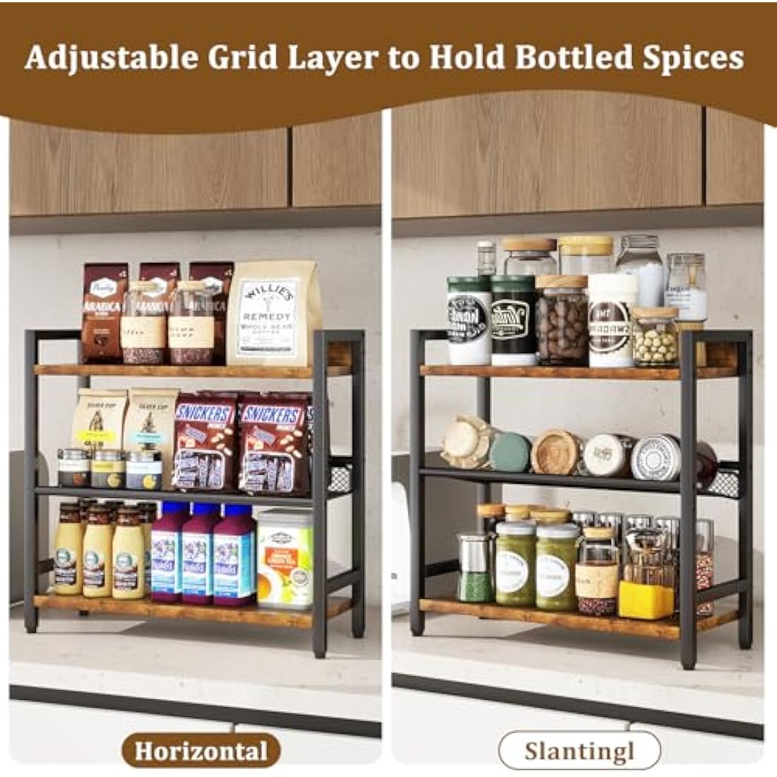 IBUYKE 3-Tier Spice Rack - Industrial Counter Shelf,Desktop Storage Organizer,Standing Seasoning Rack for Countertop Kitchen,Office,Living Room,Rustic Brown TLJ021H