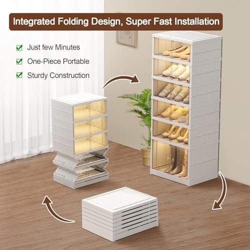 6PCS Shoe Storage Box White Shoe Storage Cabinet Plastic Shoe Boxe Shoe Racks Storage for Sneaker Boot Container Shoe Rack Cabinet Clear Foldable with