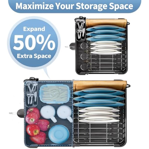 KINGRACK Extendable Dish Drainer Rack, Stainless Steel, Foldable Dish Rack with Removable Cutlery Holder and Anti-Scratch Holder, Adjustable Draining Board Rack with Drainage Spout, Black