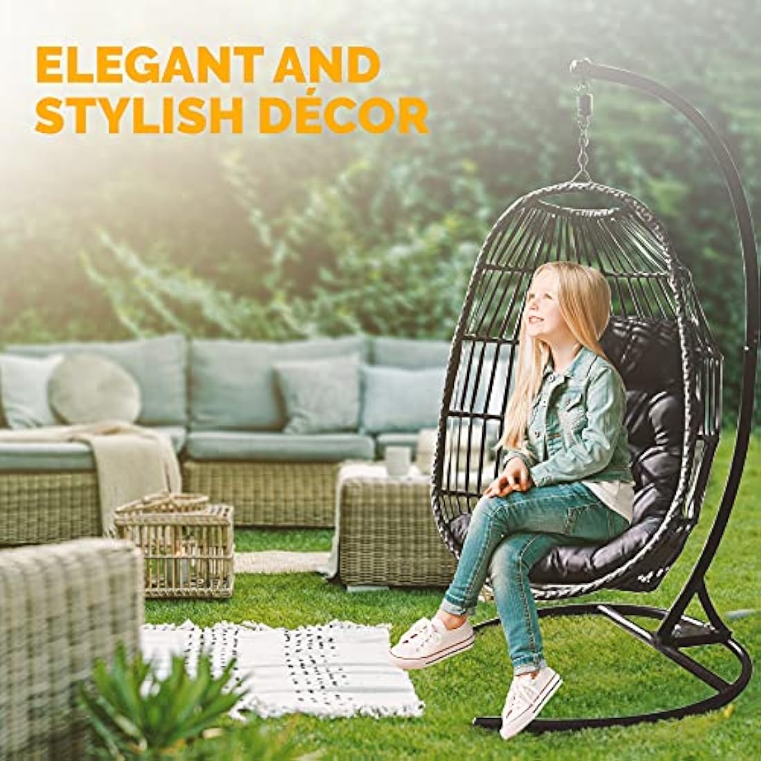 SEDOL Hanging Egg Chair with Stand – Foldable Rattan Swing Chair for Garden, Patio or Balcony – Indoor Outdoor Collapsible Hanging Seat with Cushion – Summer Relaxation Garden Chair (Grey)
