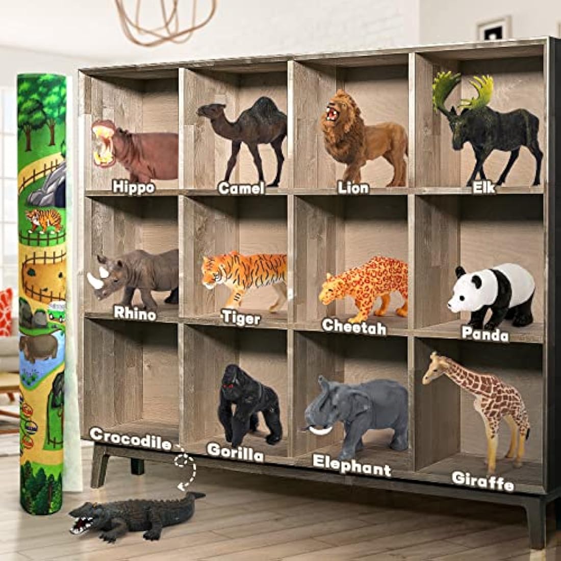 FRUSE Safari Animals Figures Toys with 145x98cm Jumbo Play Mat,12PCS Jungle Zoo Animals Playset with Lion,Elephant,Educational Learning Toys for Kids