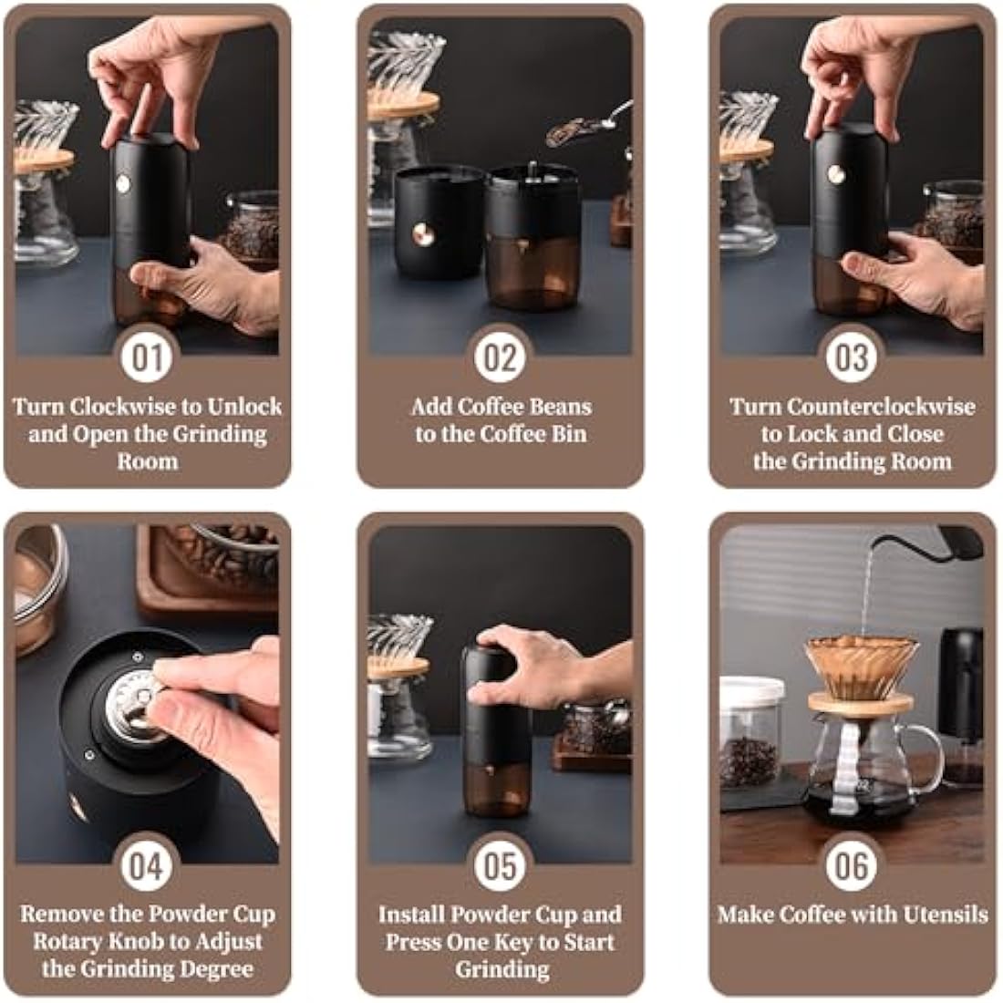 ELMWAY Mini Electric Coffee Grinder – Rechargeable & Portable, Stainless Steel Conical Burr, One-Touch Grinding with Auto Stop, Internal Adjustable Grind Settings, Perfect for Single Servings – Black