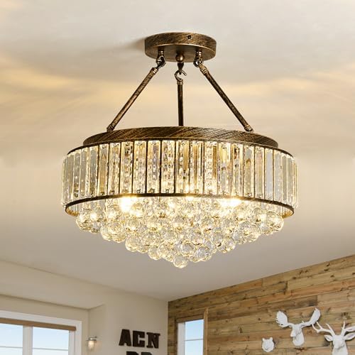 EOPSPYI 6-Lights Modern Crystal Chandelier Bronze Metal Semi Flush Mount Ceiling Light Fitting Round Ceiling Light for Dining Room Living Room Bedroom Bathroom Kitchen