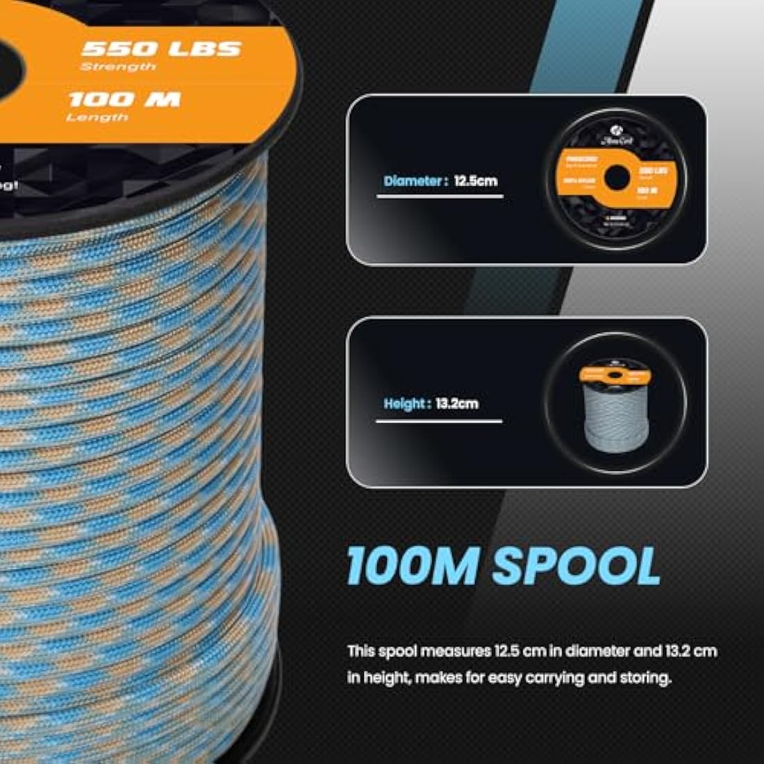 Abma Cord Paracord 550 4mm 100m 100% Nylon Rope Type III 7 Strands Parachute Cord for DIY, Camping, Survival, Outdoor - Max. 250kg - Carolina Beach