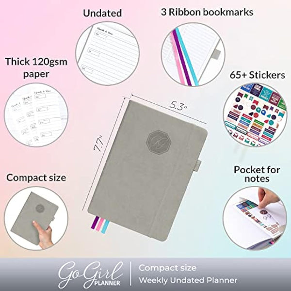 GoGirl Planner and Organizer for Women – Compact Size Weekly Planner, Goals Journal & Agenda to Improve Time Management, Productivity & Live Happier. Undated – Start Anytime, Lasts 1 Year – Grey
