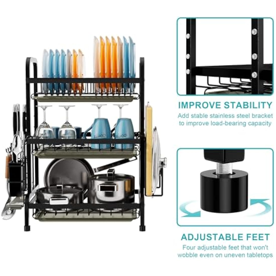 Dish Drainers Rack with Drip Tray, 3 Tier Large Dish Drying Rack with Draining Board and Cutlery /Chopping Board Holder over Sink, Dish Dryer Rack For Plate/Utensil on Kitchen Countertop (3-tier)