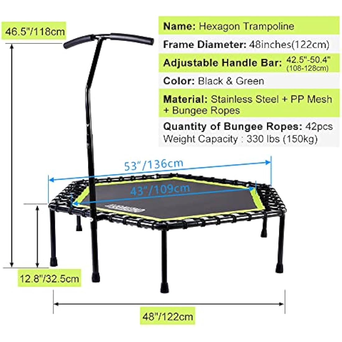 ONETWOFIT 45"/48"/51" Silent Mini Fitness Trampoline with Adjustable Handle Bar Fitness Trampoline Bungee Rebounder Jumping Cardio Trainer Workout for Adults or Kids