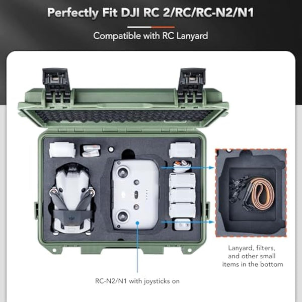 Lykus Titan MM410 Waterproof Hard Case for DJI Mini 4 Pro/Mini 3/Pro and RC2/RC/RC-N2/N1, Green with Shoulder Strap, Support 7 Batteries and RC Lanyard [CASE ONLY]