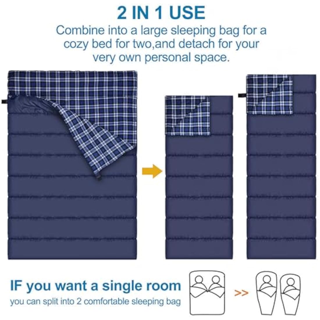 Double Cotton Flannel Sleeping Bag for Camping, Hiking, or Hiking. Queen 2 Cold Weather Waterproof Sleeping Bag for Adults or Teenagers.