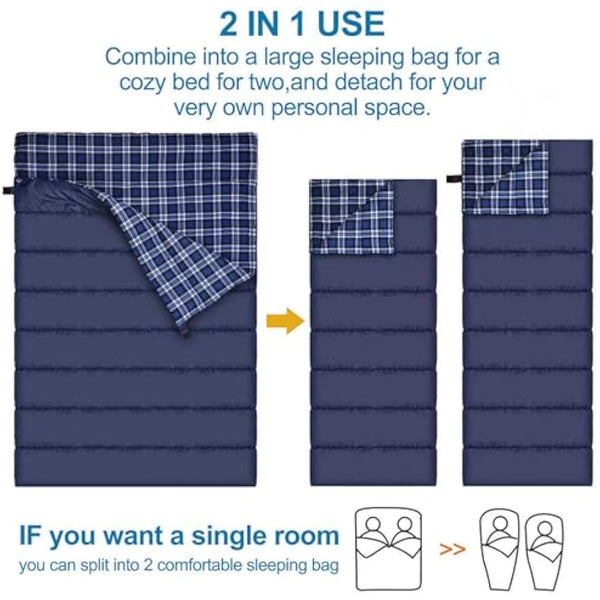 Double Cotton Flannel Sleeping Bag for Camping, Hiking, or Hiking. Queen 2 Cold Weather Waterproof Sleeping Bag for Adults or Teenagers.