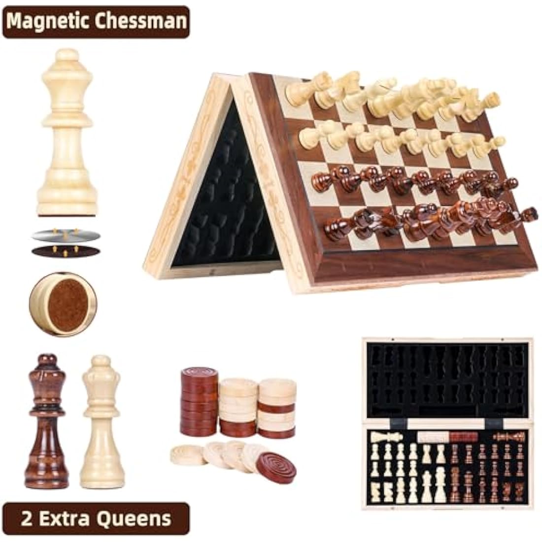 Syrace Magnetic Chess & Checkers Set Board Games, Wooden Foldable Hand Carved Portable Travel Chess Board Game Sets with Game Pieces & Storage Slots 15.74"