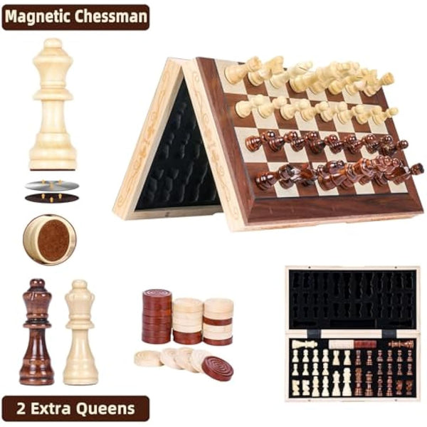 Syrace Magnetic Chess & Checkers Set Board Games, Wooden Foldable Hand Carved Portable Travel Chess Board Game Sets with Game Pieces & Storage Slots 15.74"