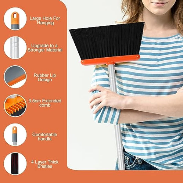 Jekayla Long Handled Dustpan and Brush, Broom and Dustpan Set, Household Dust pan Combo with 54 Inch Handle for Indoor Outdoor Household Cleaning and Sweeping (Orange)