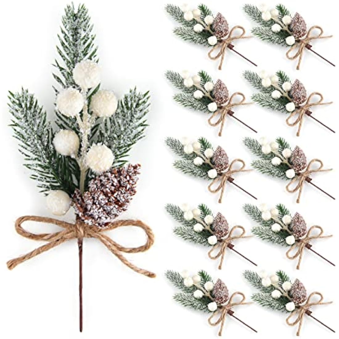 ELECLAND 10 Pcs Christmas Decorations Artificial Pine Branches Stems Spray With Pine Cones Faux Red Berry Holly Leaves for Craft Floral Wreath Ornaments, White