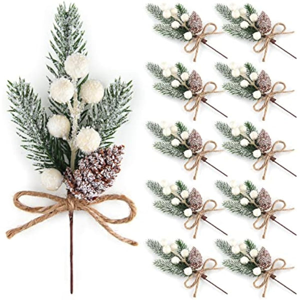 ELECLAND 10 Pcs Christmas Decorations Artificial Pine Branches Stems Spray With Pine Cones Faux Red Berry Holly Leaves for Craft Floral Wreath Ornaments, White