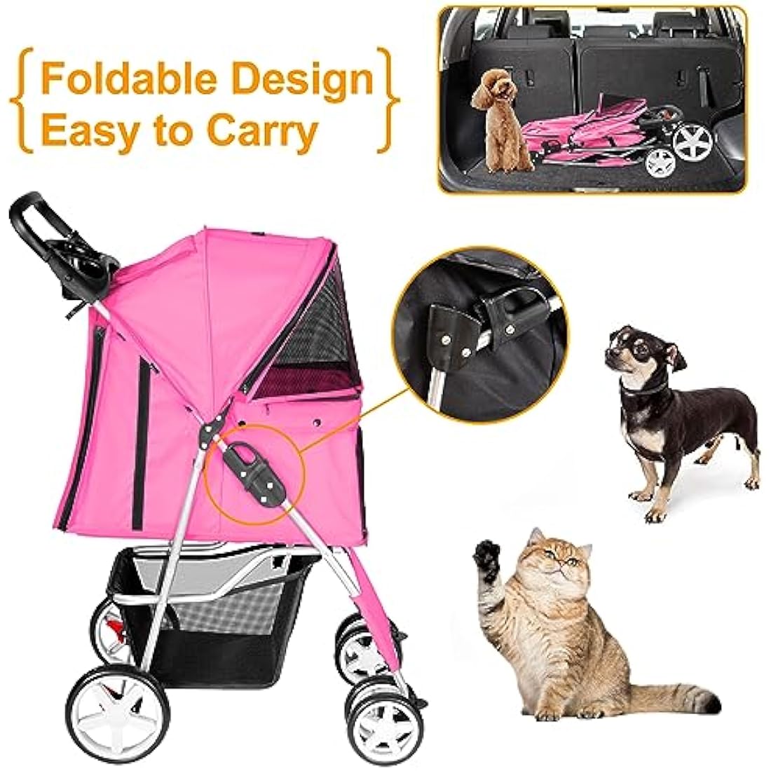 display4top Pet Travel Stroller Dog Cat Pushchair Pram Jogger Buggy With 4 Wheels (Pink)
