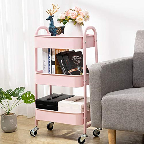DOEWORKS Storage Cart 3 Tier Trolley Kitchen & Beauty Trolley Metal Rolling Storage Organizer Cart on Wheels for Bedroom, Makeup, Bathroom, Office, Light Pink