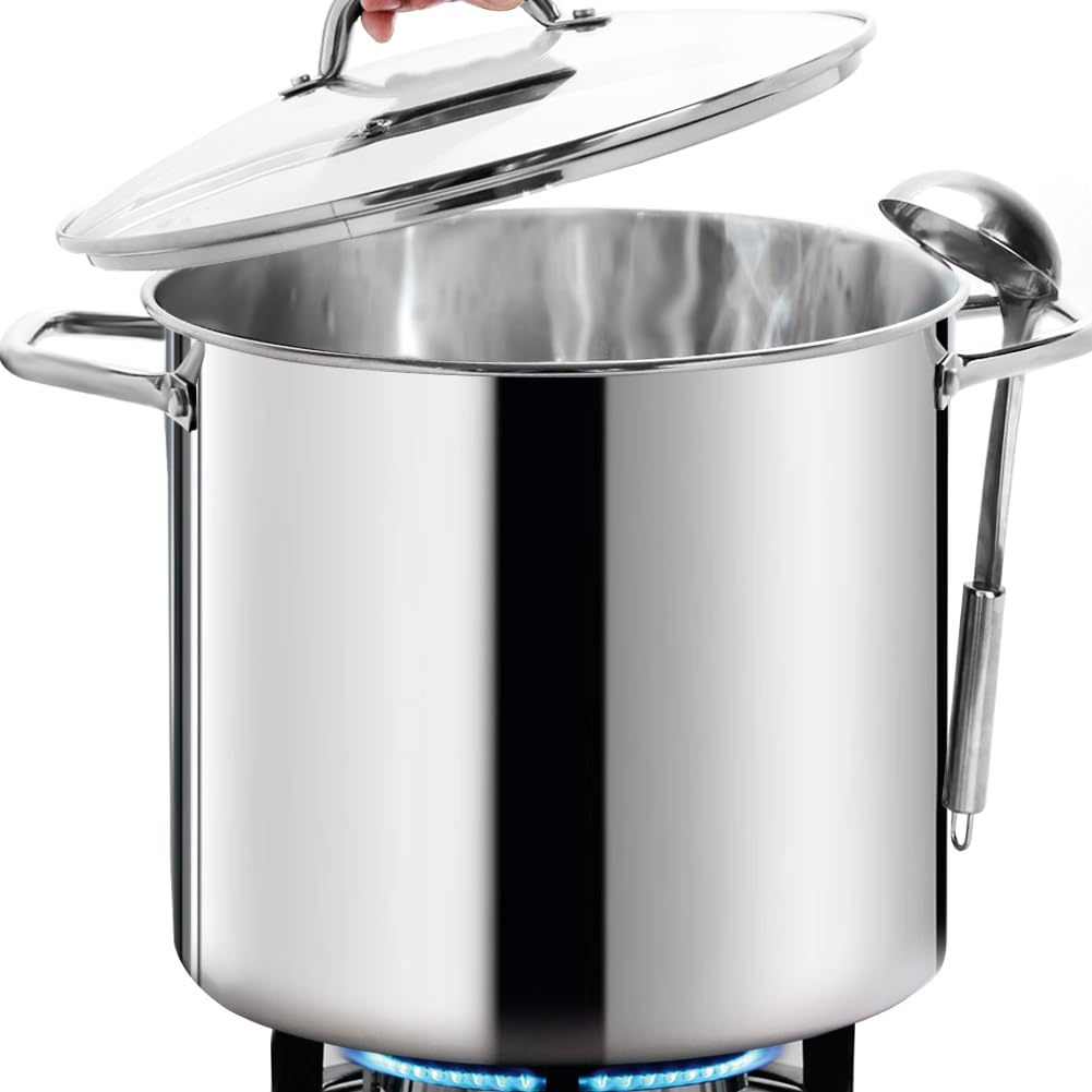 HOMICHEF Large Nickel Free Stainless Steel Stock Pot with Lid (31 cm, 22.5 Litre) - Mirror Polished Stock Pot with Lid - Heavy Soup Pot Large Cooking